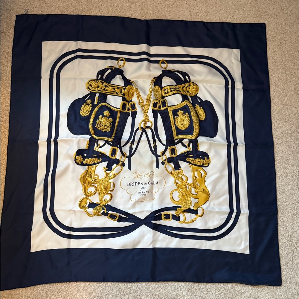 Vintage Hermes Navy and Gold Equestrian Scarf